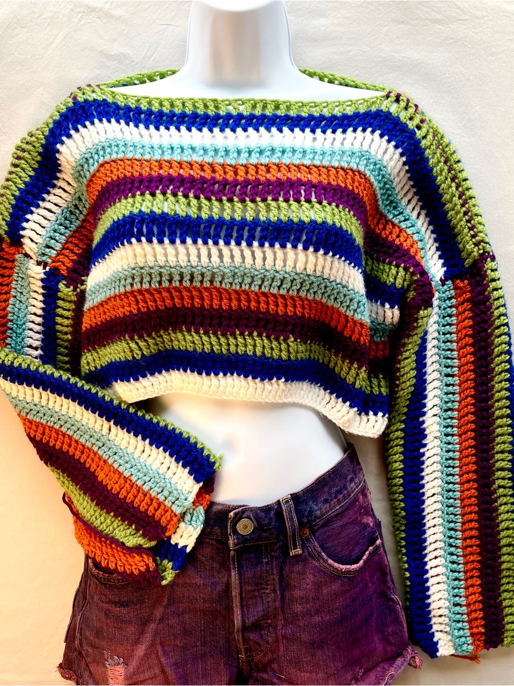 Handmade Striped Crochet Cropped Chunky Sweater Boat Neck Small Multicolor Boho
